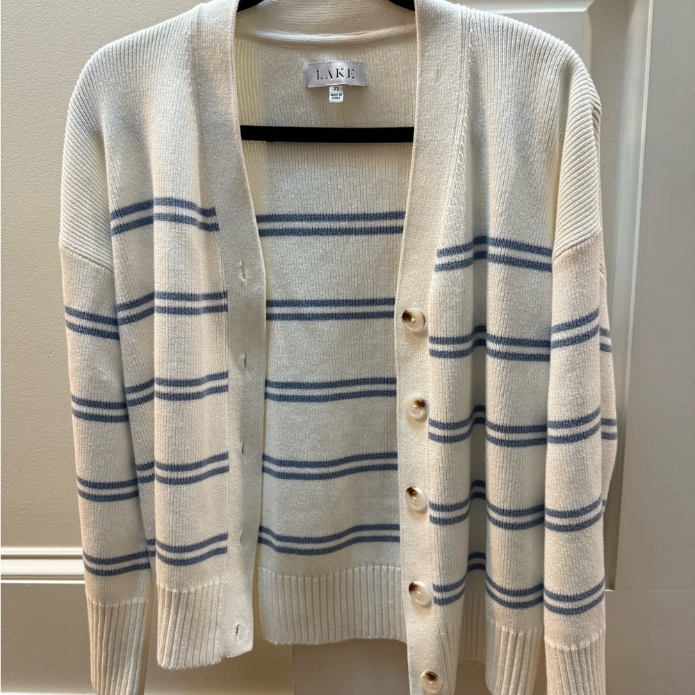 LAKE Women's Striped Cardigan Sweater - Cream and Blue